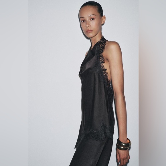 Zara elegant Black Satin Lace-Trim Halter Top - Picture 14 of 15